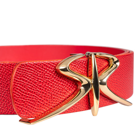 Women's red embossed leather belt with golden buckle SR