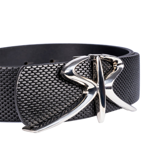 Women's belt from embossed leather and silver buckle