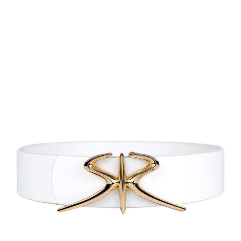 White embossed leather belt with golden buckle SR