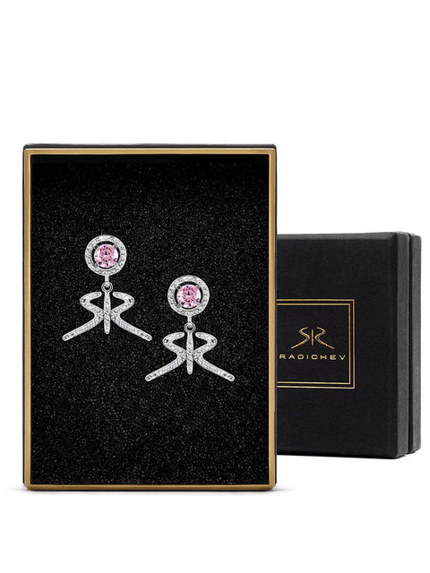 Silver earrings with logo and accent stone in pink