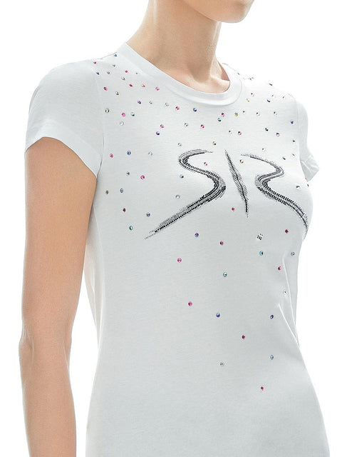 White T-shirt with a logo and multicoloured stones by Stoyan RADICHEV