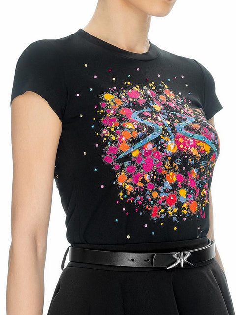 Black T-shirt with colourful logo and stones by Stoyan RADICHEV