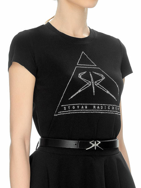 Black T-shirt with а triangular logo by Stoyan RADICHEV