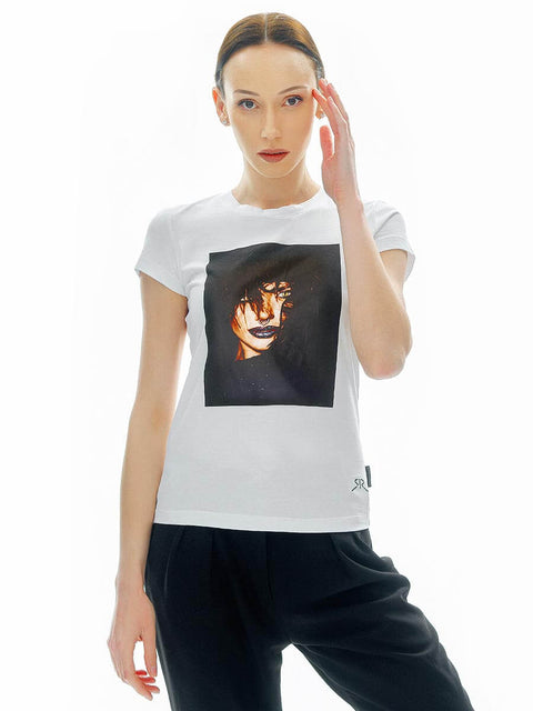 White T-shirt with а print of a woman's face