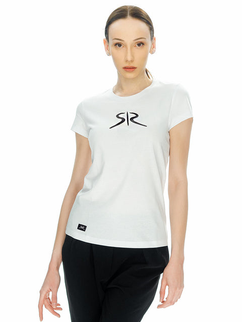 Бяла дамска тениска с бродирано лого SR