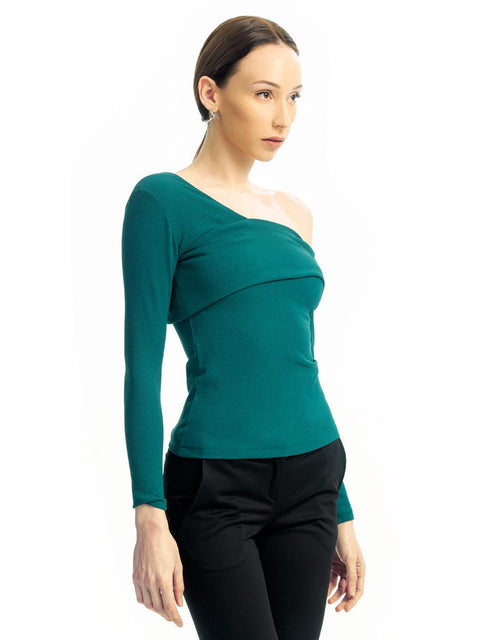 Green blouse with long sleeves and bare shoulder by Stoyan RADICHEV