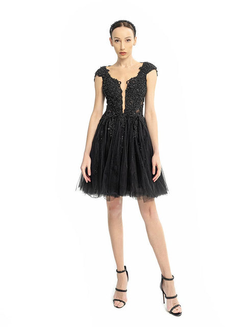 Short black dress with tulle and lace by Stoyan RADICHEV