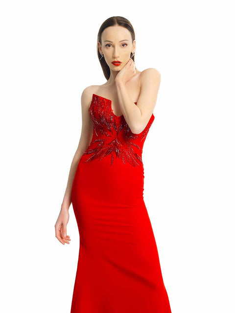 Long red dress with an attractive corset by Stoyan RADICHEV