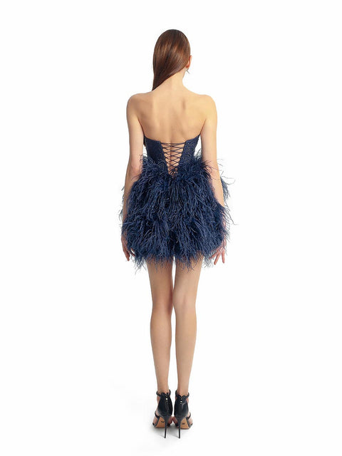 Short dark blue dress with ostrich feathers by Stoyan RADICHEV