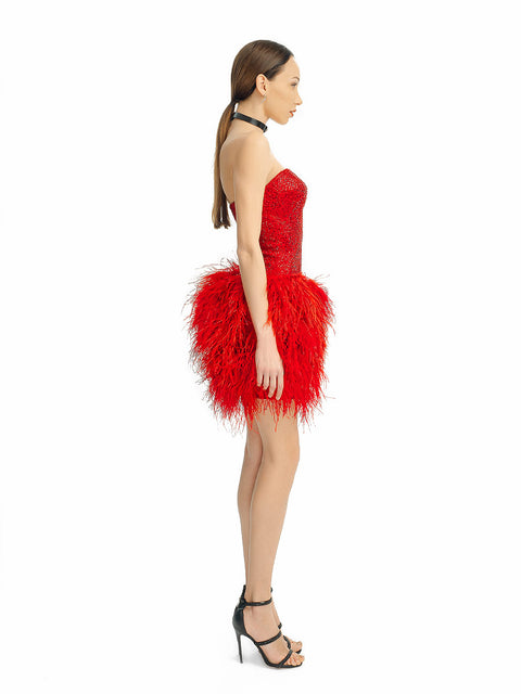 Short red dress with ostrich feathers by Stoyan RADICHEV
