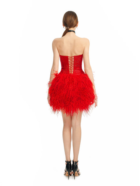 Short red dress with ostrich feathers by Stoyan RADICHEV