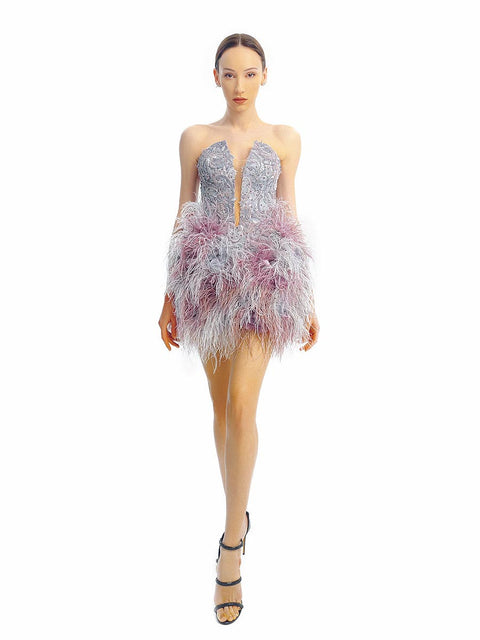 Short grey-purple dress with ostrich feathers by Stoyan RADICHEV