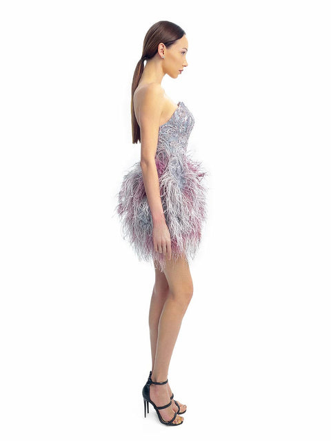 Short grey-purple dress with ostrich feathers by Stoyan RADICHEV