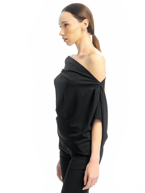 Black blouse with short sleeves and bare shoulder by Stoyan RADICHEV