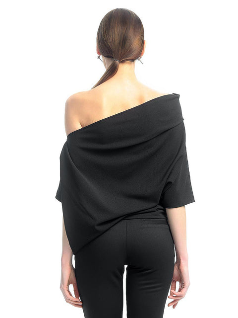 Black blouse with short sleeves and bare shoulder by Stoyan RADICHEV