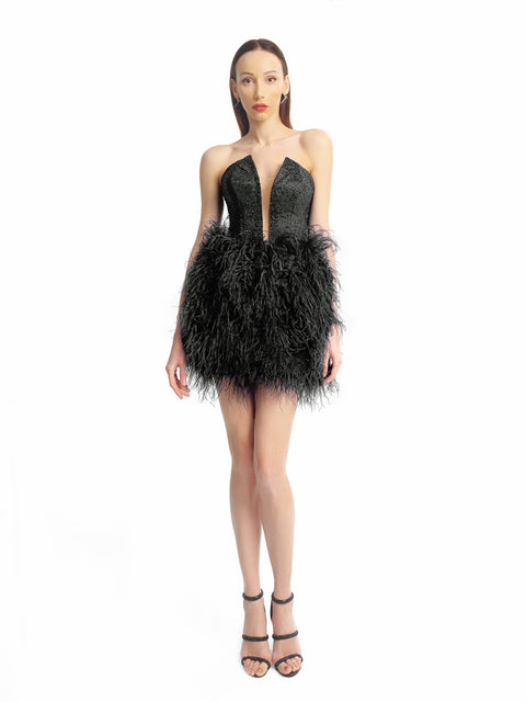 Short black dress with feathers