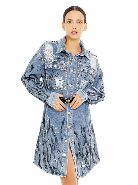 Denim dress/tunic with art elements and eyelets