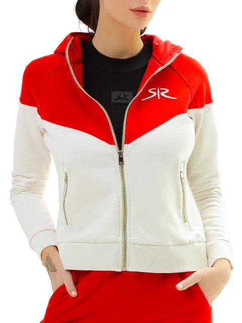 Women's two-colour zipper sportswear in white and red
