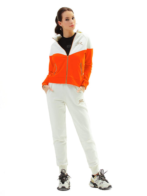 Women's two-colour zipper sportswear in white and orange