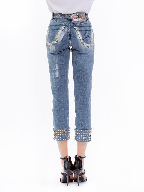 Slim jeans with eyelets, patches and art elements