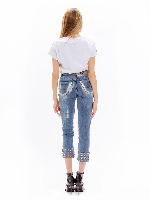 Slim jeans with eyelets, patches and art elements