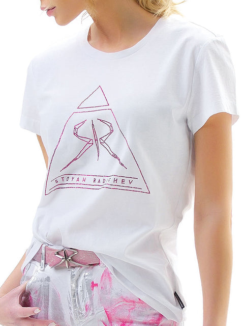 White t-shirt with a triangular logo