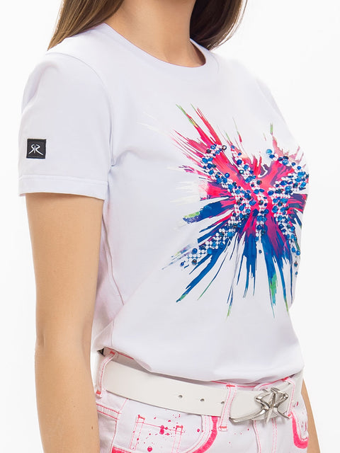 White t-shirt with colourful print and SR embroidered bead logo