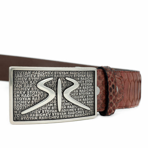 Designer brown men's belt made of genuine snakeskin and silver buckle by Stoyan RADICHEV