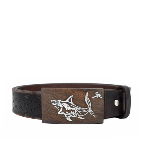 Men's brown belt with wooden buckle and fishing accent SR by Stoyan RADICHEV
