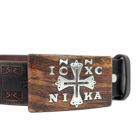 Men's brown belt with wooden buckle and religious element by Stoyan RADICHEV