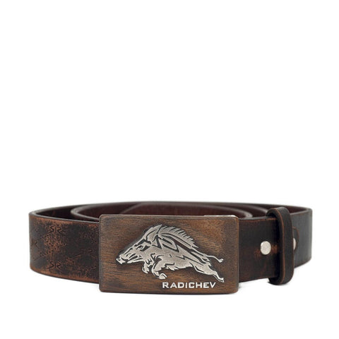Men's brown belt with wooden buckle and hunting accent RADICHEV by Stoyan RADICHEV