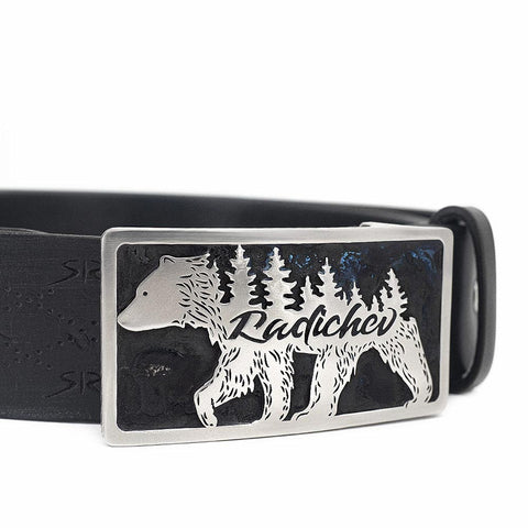 Men's black belt with metal buckle and hunting accent RADICHEV by Stoyan RADICHEV