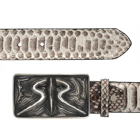 Designer grey men's belt made of genuine snakeskin and silver buckle by Stoyan RADICHEV