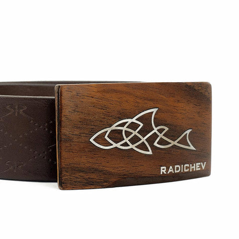 Men's brown belt with wooden buckle and fishing accent RADICHEV by Stoyan RADICHEV